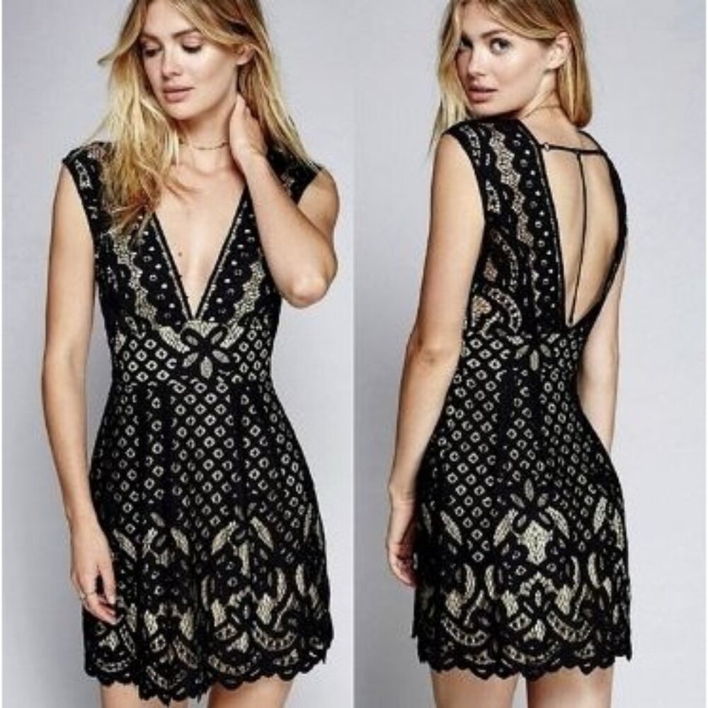 Free People Black Lace Mini Dress with Nude Lining like new 8 medium gorgeous